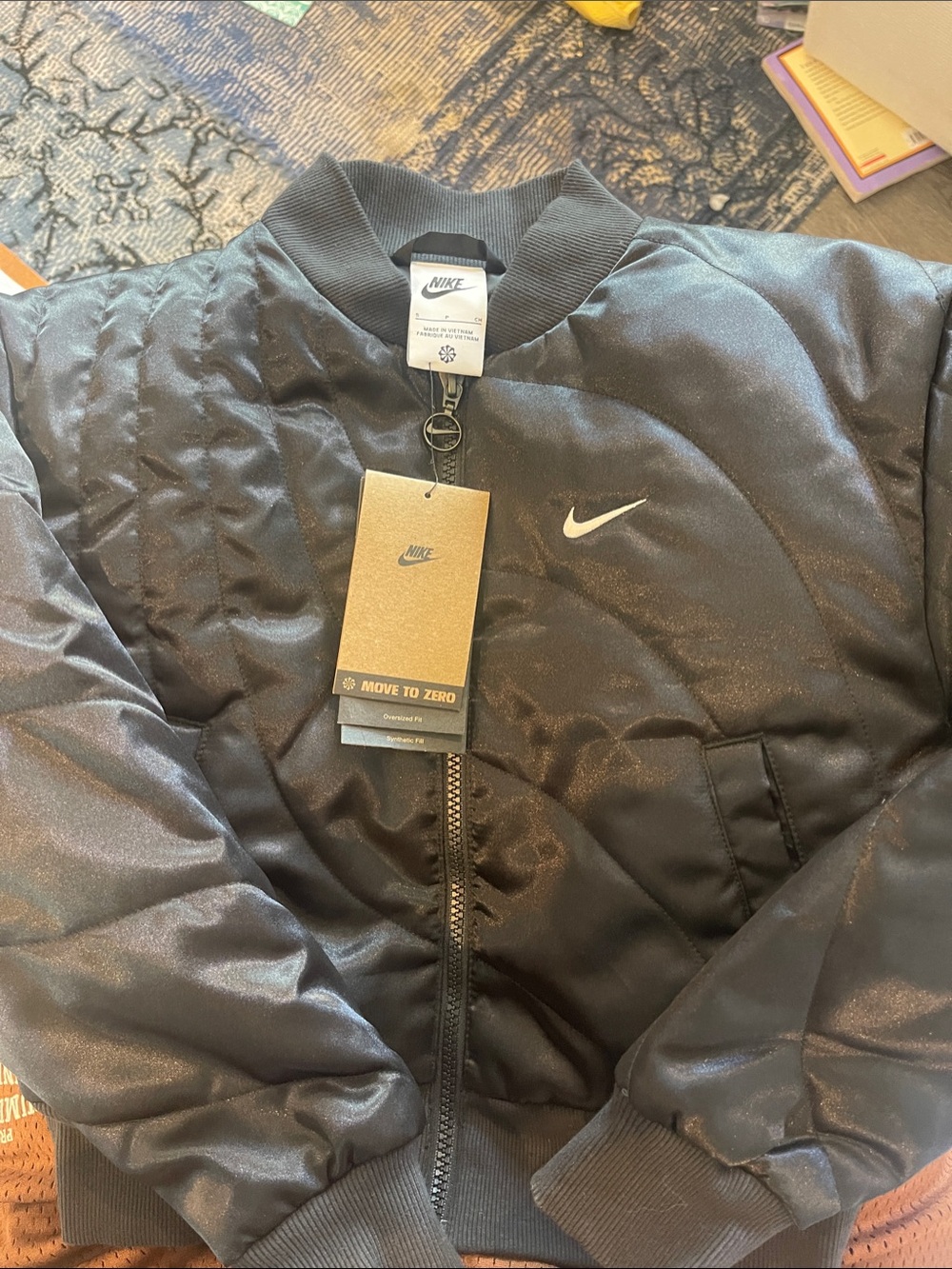 Nike Black Quilted Satin Bomber Jacket with White Swoosh